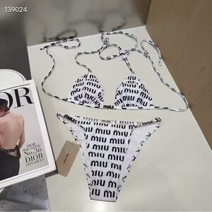 Miu Miu White Bikini with Black Logo Print